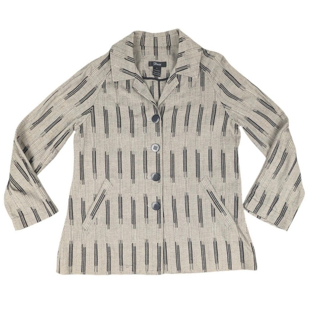 Flair Women Large Grey Striped Cotton Button Front Jacket Blazer Minimalist L